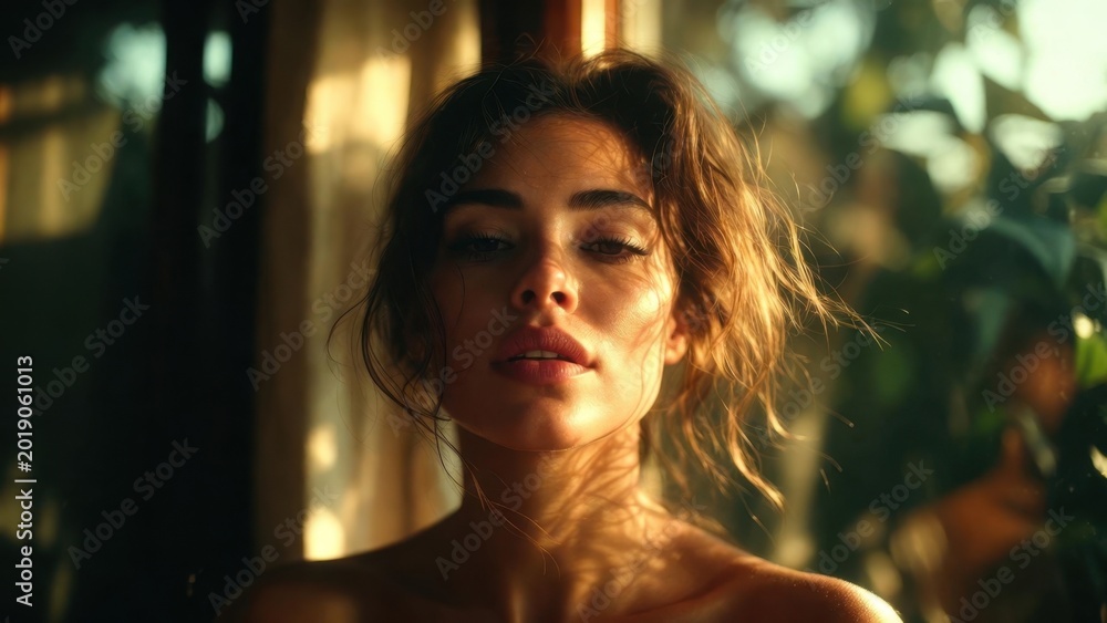 Obraz premium Young woman looking at camera near bedroom window interior