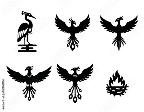 Quadro em tela Mythical Phoenix Bird Icons, Majestic Heron Silhouette, Fiery Emblem Vector Set,