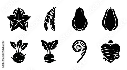 Bild auf Leinwand Vector Icons: Star Fruit, Peas, Pear, Papaya, Kohlrabi, Fern Frond, Ginger Root,