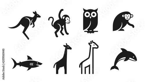 Photography Set of 8 Diverse Animal Icons, Simple Black and White Vector Graphics for Wildli