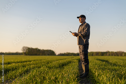 Obraz na plátně Man farmer standing in crop field with device in hands, looking at plants during sunset in rural area, free space