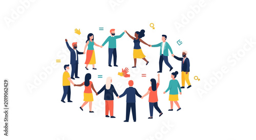 Diverse people holding hands in a circle, unity and equality illustration