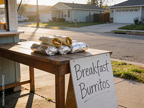 Breakfast burritos for sale at small neighborhood street stand