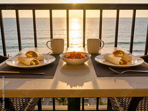 Breakfast burritos and coffee on oceanfront balcony at sunrise