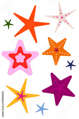 Colorful star, starfish sea stars set with spotted patterns. Sketchy outlined and dotted star shapes for planners, stickers, scrapbook pages, social media, stationery, fun graphic design. High res PNG