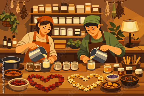Two individuals make candles in a cozy workshop filled with herbs and plants while setting up a display with flowers and shapes