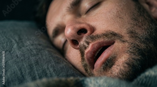 Close up man's face sleeping comfortably crisp pillow texture