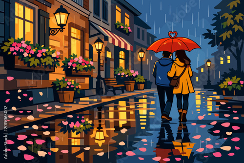 Couple walks under a red umbrella on a rainy street lined with flower pots in a town at dusk