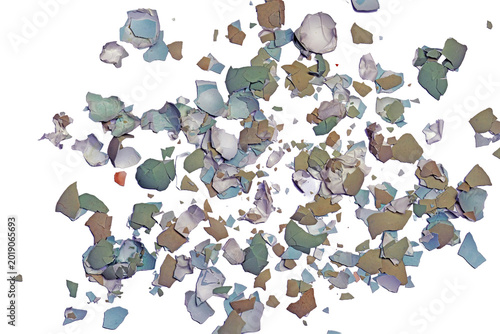 Broken blue and brown eggshells scattered on white background. Top view of colorful shattered organic eggshell pieces messy composition for recycling and food waste concepts