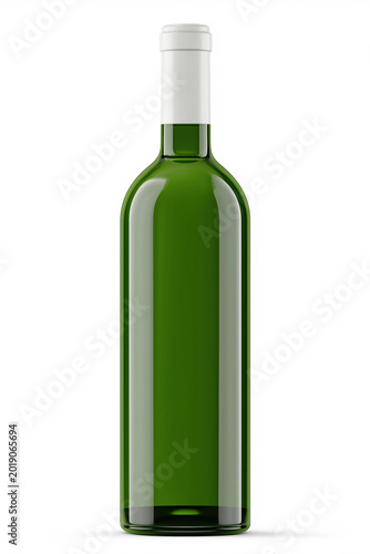 Green glass bottle with long neck and white cap isolated on clean background. Ideal for wine, oil or beverage packaging mockup with branding space