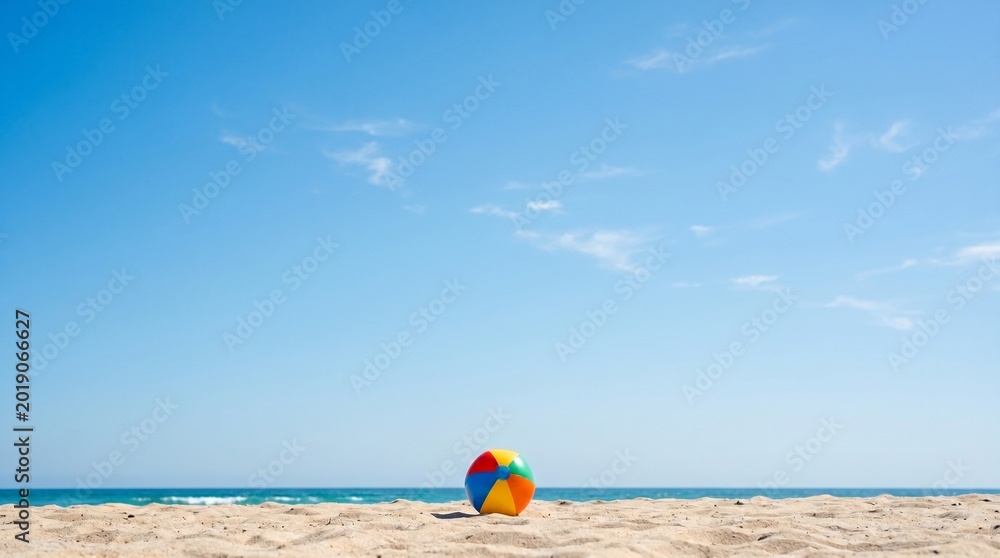 Obraz premium Colorful beach ball resting on sandy shore with ocean and blue sky background