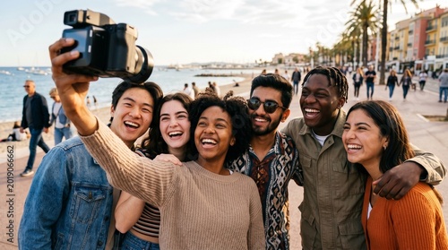 Diverse group of young friends taking a selfie on a sunny beach promenade with palm trees and colorful buildings