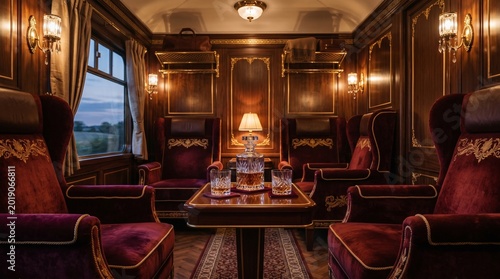 Luxurious vintage train compartment with plush velvet seats and whiskey decanter
