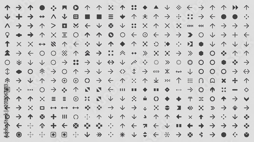 Minimalist black arrow icons set, pixel perfect navigation symbols on grey background, 300 UI UX design elements for web and mobile apps