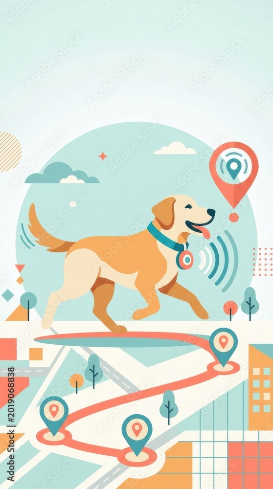 Fototapeta premium A dog walks on a colorful map with tracking points. This design highlights pet care in a simple, modern style.