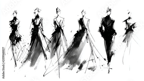haute couture fashion sketch, expressive minimal ink lines, flowing garments, white background, Paris fashion house aesthetic