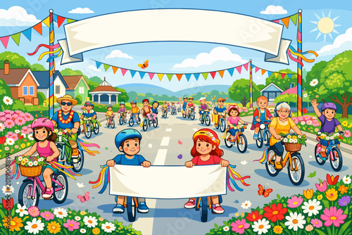 Community bicycle parade takes place in a neighborhood during a sunny day with lots of flowers and cheerful participants