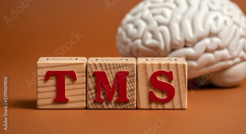 A model brain sits behind wooden blocks displaying the letters TMS ill