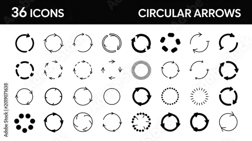 Circular arrows icon set, 36 black rotation and refresh symbols, minimalist cycle and loop graphic elements, flat vector reload signs for UI design