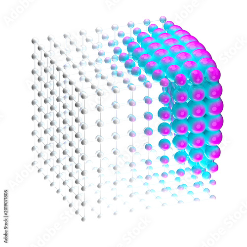 Foto An abstract cube composed of a network of small atoms, the bonds between them, and large molecules on a transparent background