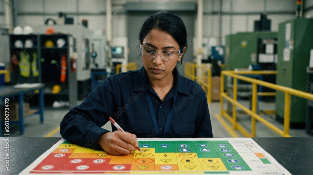 Fototapeta premium Focused view of a female engineer studying a detailed colorcoded risk chart with circled safety icons set against a softly outoffocus backdrop of a wellorganized industrial
