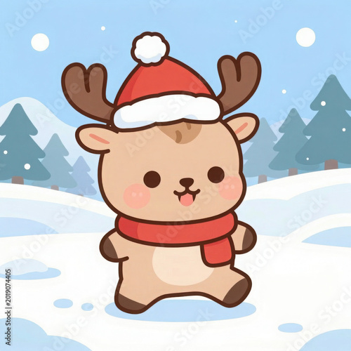 Cute cartoon reindeer wearing a Santa hat in a snowy winter scene.