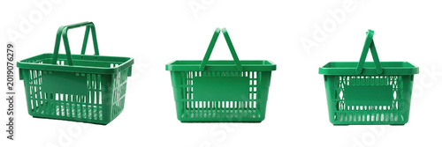 Tableau sur toile Set of Green Plastic Shopping Basket Empty Retail Grocery Isolated on White Back