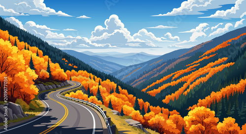 Foto A serene vector illustration of a winding road through autumn mountains landscap