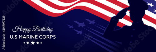 Happy Birthday U.S. Marine Corps patriotic header cover with saluting Marine silhouette, waving American flag, fighter jet formation, and vintage red white blue military design.