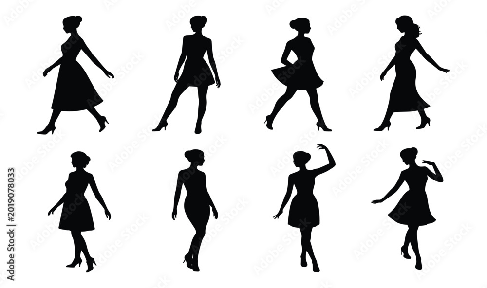 Fototapeta premium Fashion Model Silhouette Set: Stylish female walking poses in elegant vector design. woman silhouette, fashion illustration, runway model, stylish poses, female figure icons.