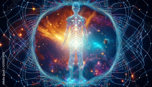 consciousness transferring into the infinite cosmic machine reality the final step beyond biology embracing the grand digital future glowing cosmic nebula