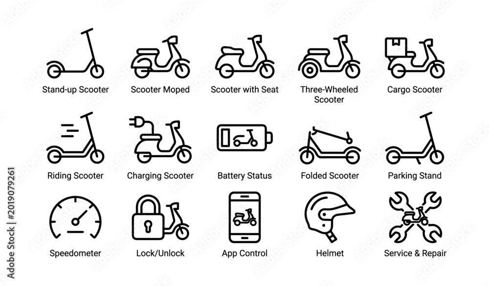 Fototapeta premium Electric scooter icons and controls arranged in labeled grid on white