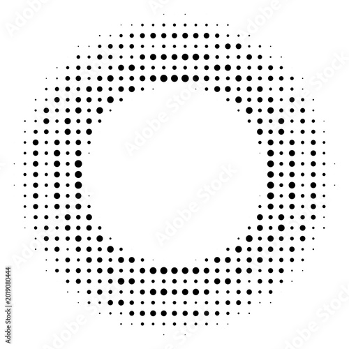 Halftone circle dot pattern with radial gradient distribution. Abstract geome...