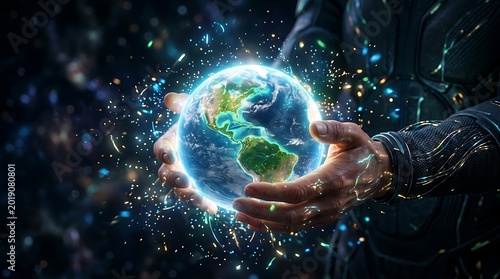Human hands holding a glowing blue Earth with sparkling particles, symbolizing global connection and environmental care.