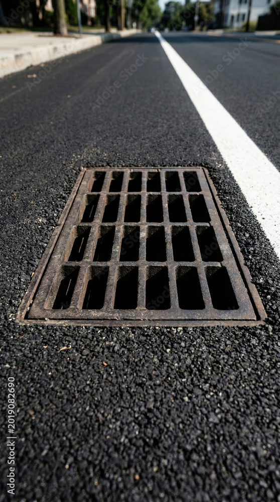 Fototapeta premium Cast iron storm drain grate on new asphalt road surface. Urban infrastructure and sewage drainage system. Street maintenance and civil engineering construction project with white line.