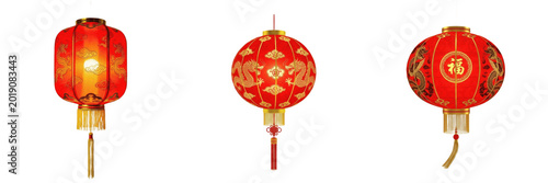 Fotografie Set of Traditional Festive Red Chinese Lantern with Golden Tassels Decoration wi