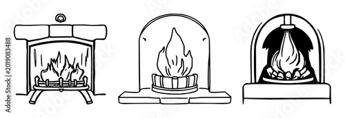 Foto Vintage fireplace bellows set with minimalist line art featuring fireplace, hear