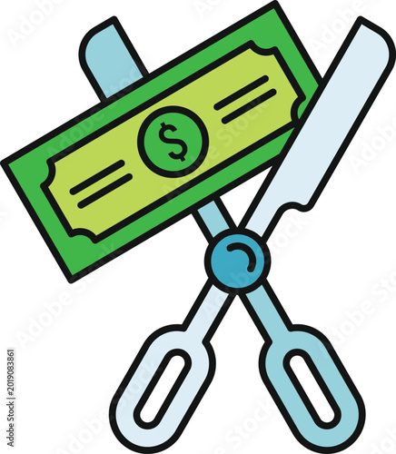 Fotografie Scissors cutting a dollar bill, symbolizing financial cuts and budget reduction
