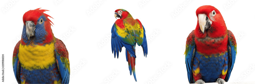 Fototapeta premium Set of Colorful Tropical Macaw Parrot Exotic Bird Wildlife Isolated on White Background, PNG