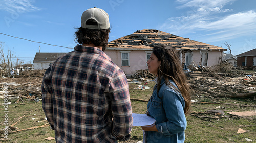 Couple Inspecting Storm-Damaged Home with Destroyed Roof and Debris-Littered Yard Under Blue Sky.