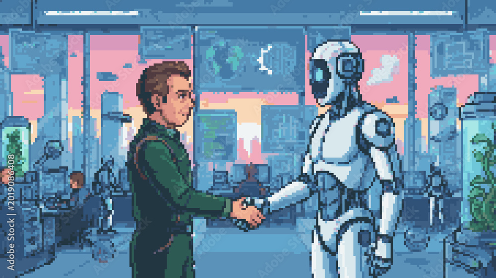 Fototapeta premium Pixel art of a businessman shaking hands with a white humanoid robot in a futuristic office setting