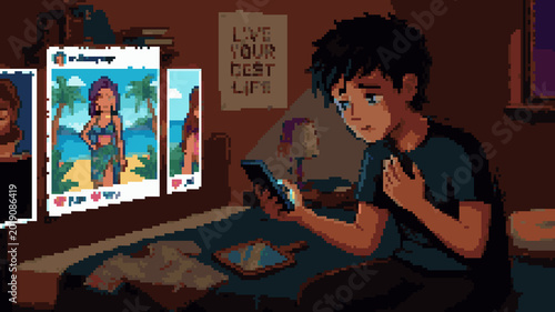 Photos Pixel art of a sad young man in a dark room looking at social media photos of pe