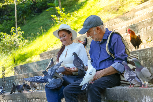 A happy senior couple feed pigeons in a sunny summer park of Eje Cafetero Armenia Quindio 