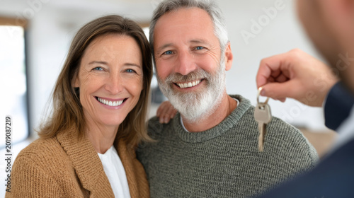 Realtor handing keys to happy buyers in new custom home setting