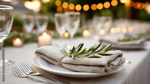 Elegant outdoor dining table setting with candles and greenery for evening event