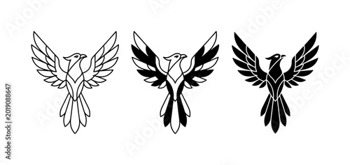 Tableau sur toile Phoenix Bird Vector Icons Set, Mythical Creature Symbols, Black and White Line A