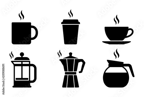 Fotografija Hot Coffee Icons Set, Vector Graphics of Beverage Cups and Brewing Devices, Cafe