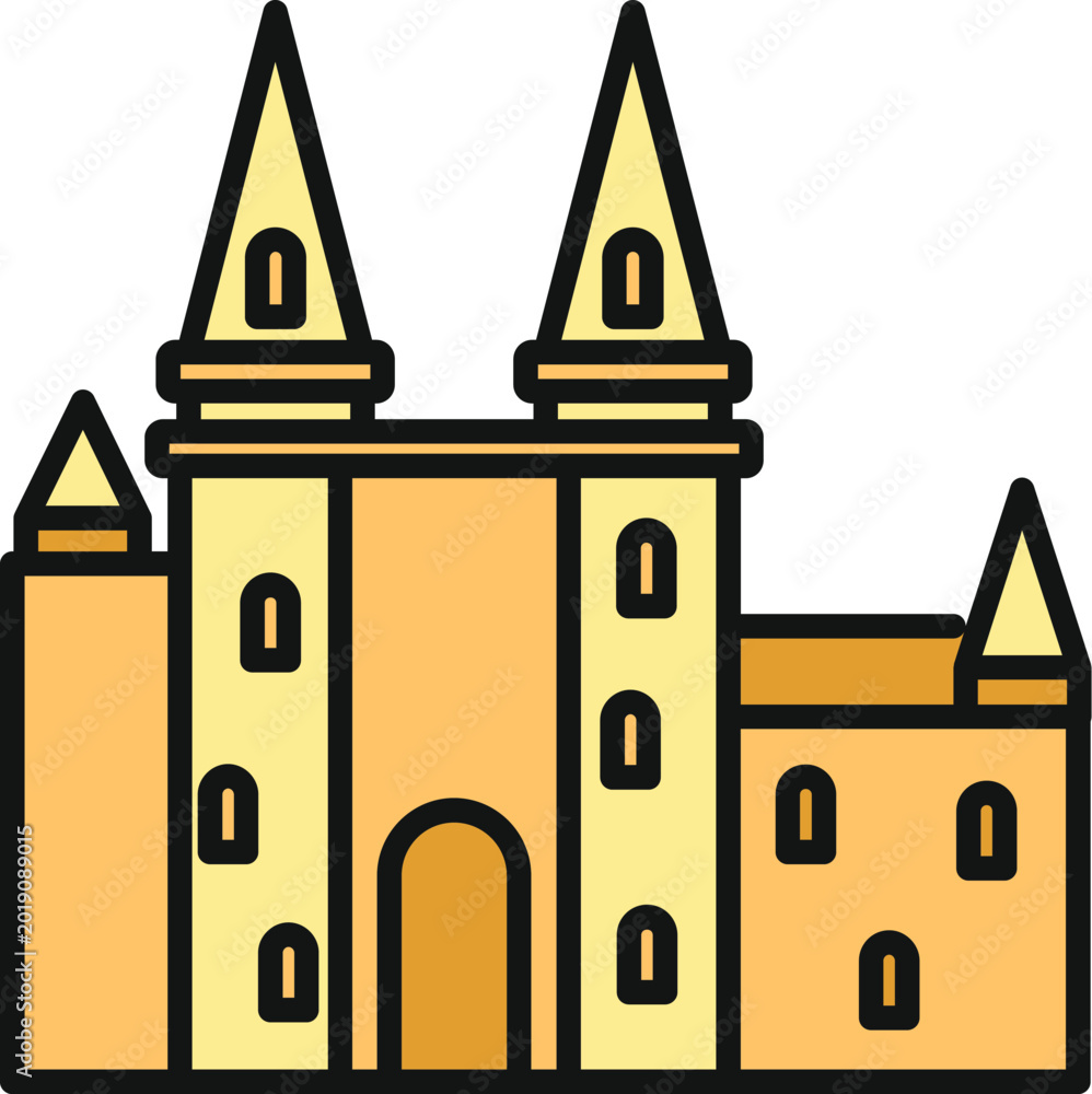 Fototapeta premium Historical landmark building featuring multiple spires and an arched entrance in a flat illustration