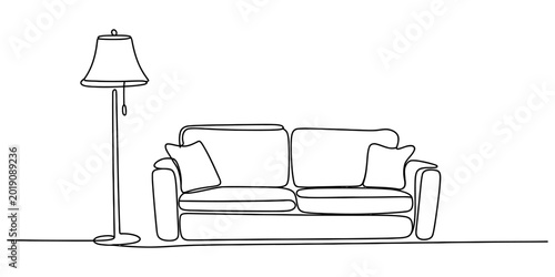 Foto Minimalist continuous line drawing of a comfortable living room sofa with a stan