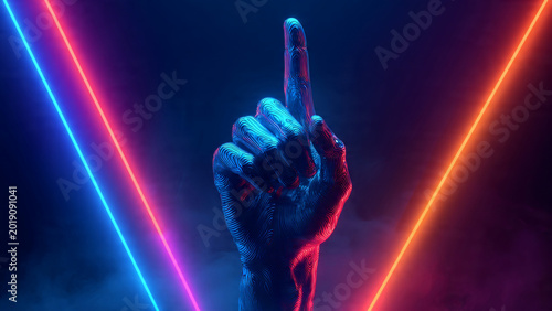 Glowing cyberpunk hand with digital circuit patterns pointing upward, illuminated by vibrant blue and red neon laser beams on dark background.